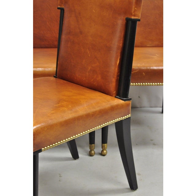Late 20th Century French Art Deco Style Brown Leather Ebonized Frame Dining Chairs - Set of 8 For Sale - Image 11 of 12