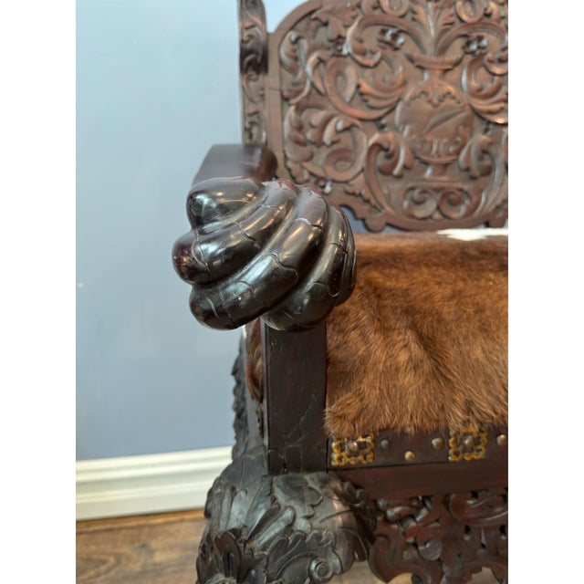 Antique Renaissance Revival Carved Walnut Throne Chair, Cowhide Seat For Sale - Image 14 of 17