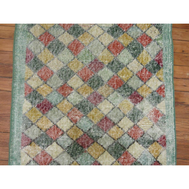 Narrow Shabby Chic Green Background Vintage 20th Century Turkish Deco Runner For Sale - Image 4 of 5
