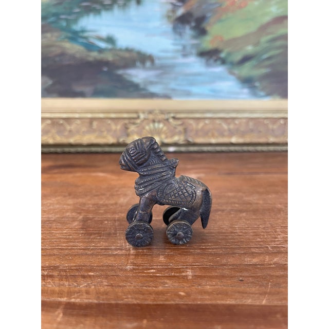 Likely Antique Bronze Toned Toy Horse on Wheels, Tribal Folk Art Figurine From India For Sale - Image 4 of 9