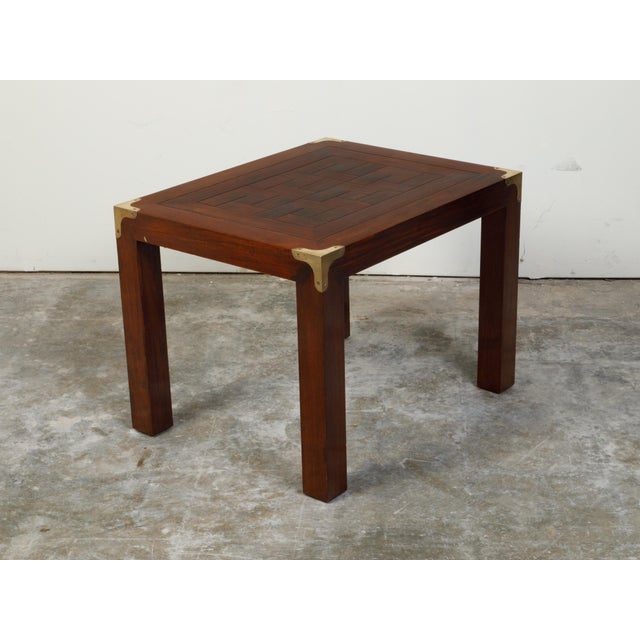 Brown English Midcentury Campaign Style Side Table with Parquet Top and Brass Braces For Sale - Image 8 of 11