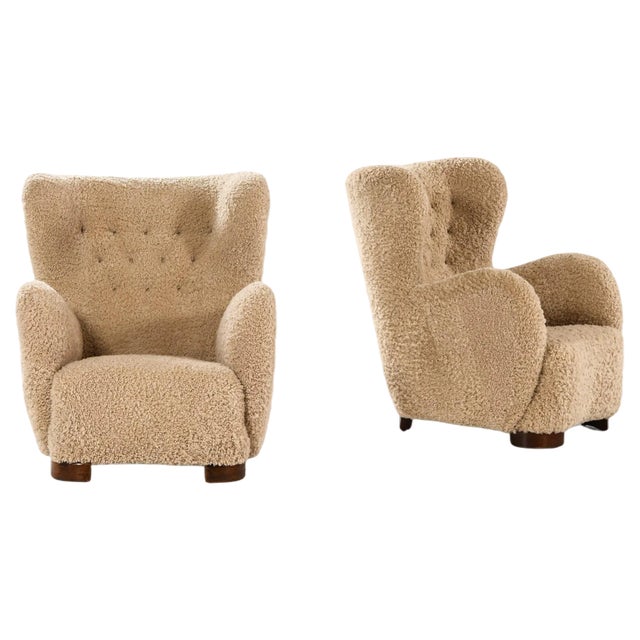 Set of Easy Chairs in Stained Beech and Lambskin, 1940s For Sale