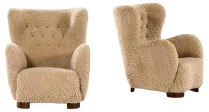 Set of Easy Chairs in Stained Beech and Lambskin, 1940s