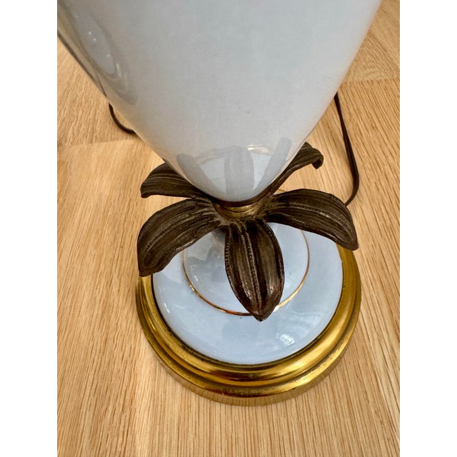 Vintage Pale Blue Opaline Glass & Brass Palm Leaf Table Lamps - a Pair For Sale In Chicago - Image 6 of 8