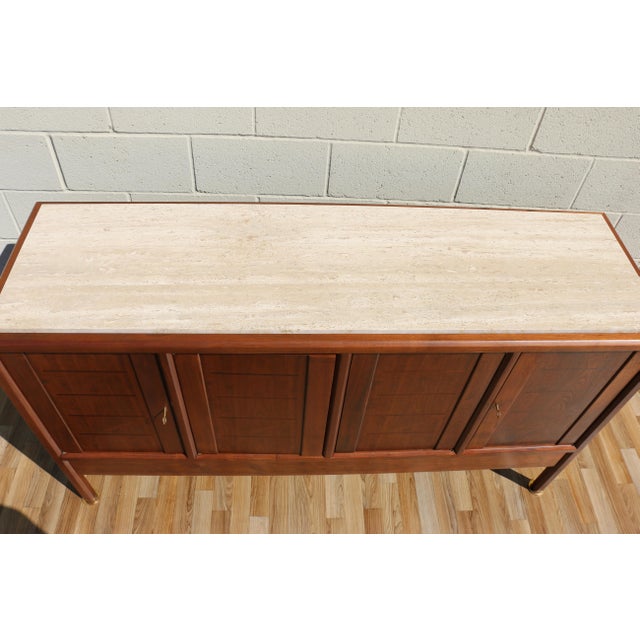 Wood 1970s Dunbar Mid-Century Modern Walnut Credenza / Sideboard With Travertine Top For Sale - Image 7 of 18