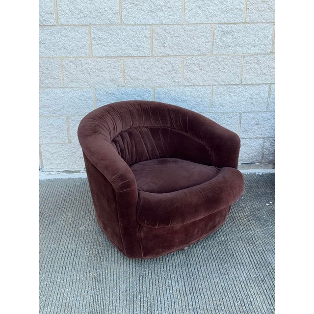 Pair of Vintage 1970s Chocolate Brown Velvet Barrel Club Chairs With Ruched Backs For Sale In Philadelphia - Image 6 of 12