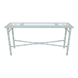 Chic Vintage French Blue and Gold Faux Bamboo Cosole Table Attributed to Lane Altiavista | Hollywood Regency Chinoiserie Faux For Sale