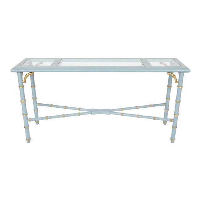 Vintage French Blue and Gold Faux Bamboo Console Table Attributed to Lane Altiavista Newly Painted - Dorothy Draper Style For Sale
