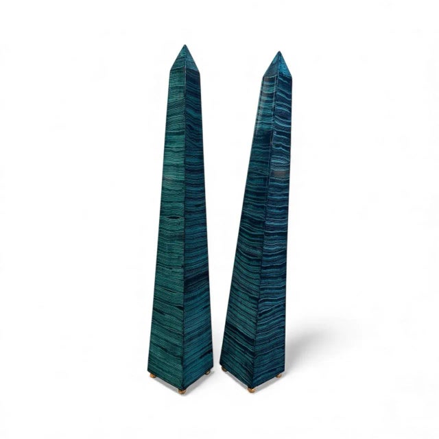 Hollywood Regency 1960s Monumental Pair Faux Malachite Obelisks on Gold Ball Feet For Sale - Image 3 of 10