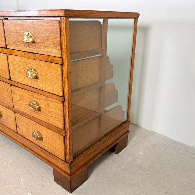 Metal Oak and Glass Haberdashery Showcase Counter with 16 Drawers, 1940s For Sale - Image 7 of 16