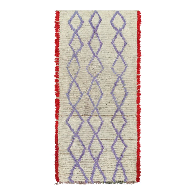 Vintage Moroccan Runner Rug in White With Purple Lozenges, From Rug & Kilim For Sale