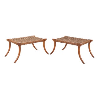 Pair of Robsjohn-Gibbings Style Walnut Klismos Rope Benches For Sale