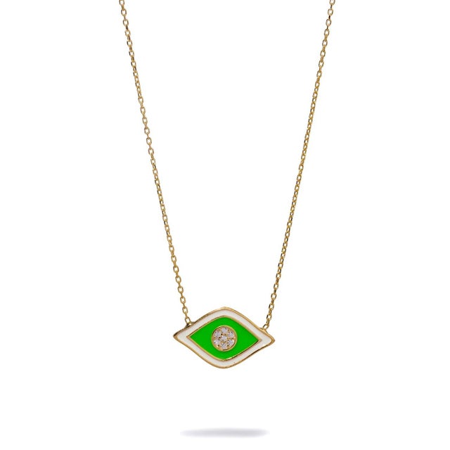 Contemporary Vivid Green Enamel Evil Eye Pendant Gold & Diamond Necklace For Sale - Image 3 of 7
