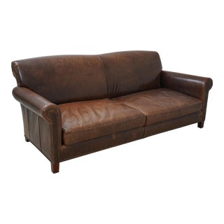 Restoration Hardware Quality Brown Leather Sofa For Sale