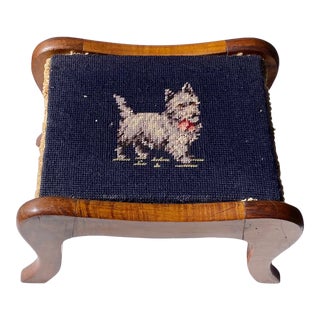 Needlepoint Footstool White Terrier Dog on Navy Blue Background With Warm Wood Base For Sale