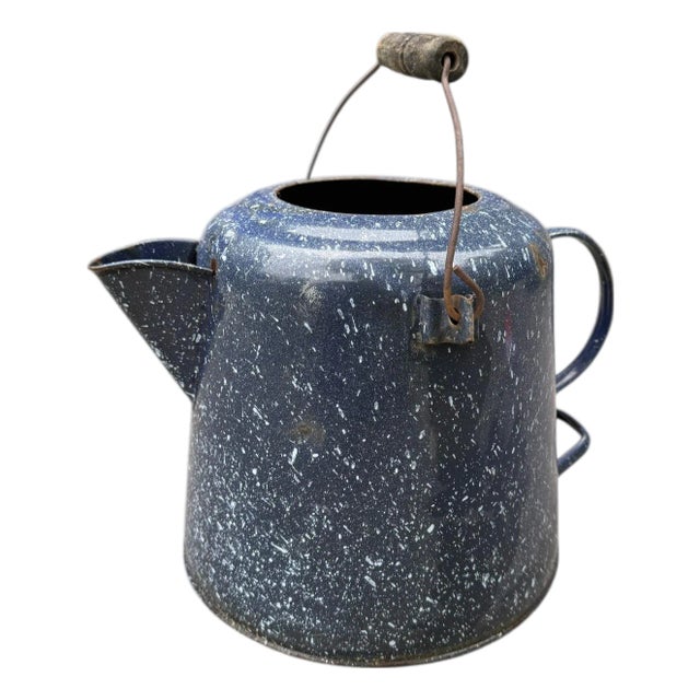 Vintage Large Blue Speckled Enamel Federal Graniteware Coffee Pot For Sale