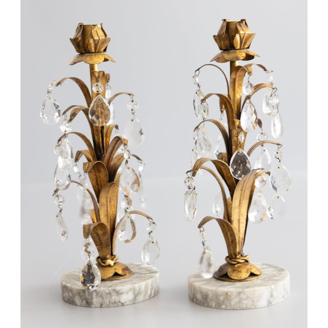 Hollywood Regency Vintage Italian Gilt Tole & Crystals Candlesticks - A Pair For Sale - Image 3 of 9