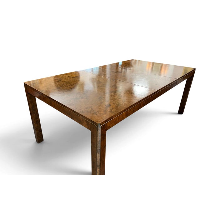 Mastercraft Postmodern Burl Wood & Inset Brass Parsons Dining Table with Two Leaves, Extends to 100". An exceptional...