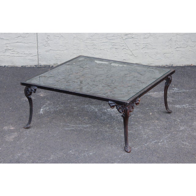 High Quality Vintage Iron Frame Indoor or Outdoor Coffee Table with Inset Square Glass Top