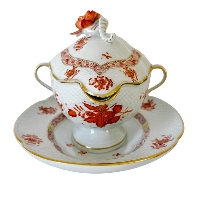 1930s Herend Chinese Bouquet Rust Gravy Boat With Attached Plate & Lid and Rose Finial For Sale - Image 5 of 14