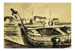 Luigi Surdi - Boats - China Ink and Watercolor - Mid 20th-Century