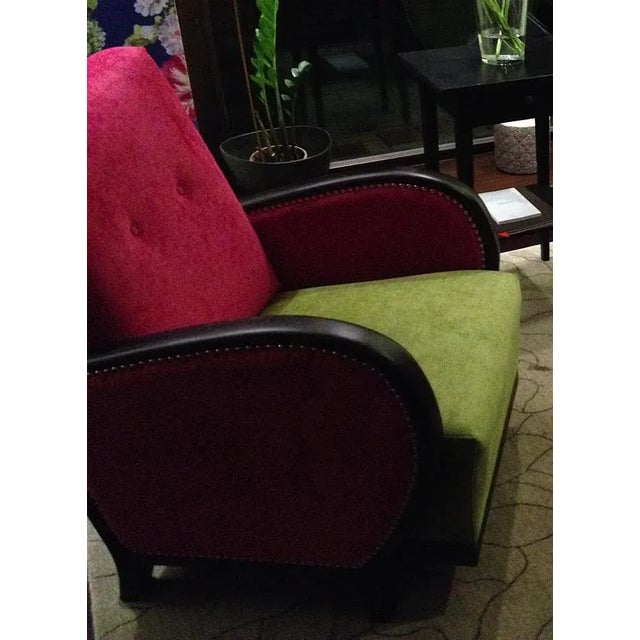 A genuine 1930s of Art Deco pink and green armchair or club chair. Fully restored, stained and with pink and green fabric...