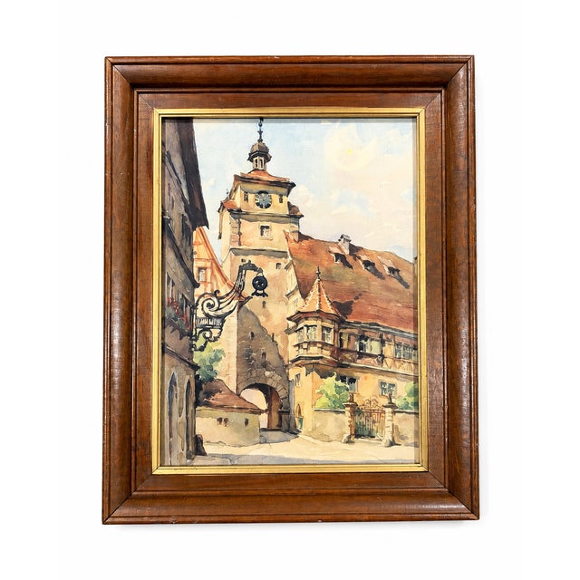 Vintage Mid-Century European Village Street Scene in Wood Frame For Sale - Image 12 of 12