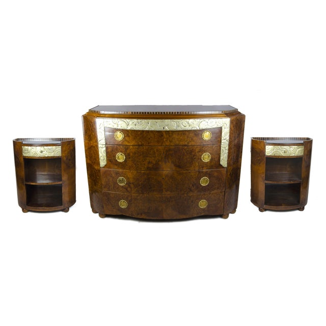 Set of Art Déco veneered wood commode and pair of side nightstands attributed to Mercier Frères, France By: Mercier Frères...