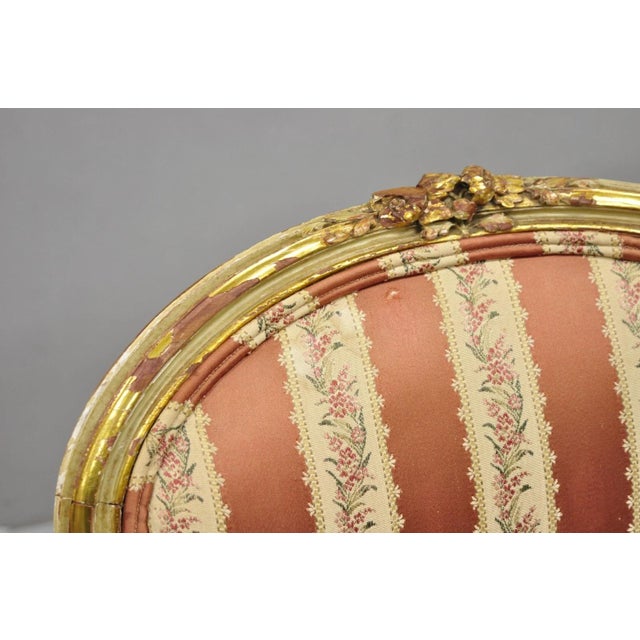 Antique French Louis XV Style Gold Giltwood Pink Stripe Fauteuil Arm Chair, Pair For Sale - Image 11 of 18
