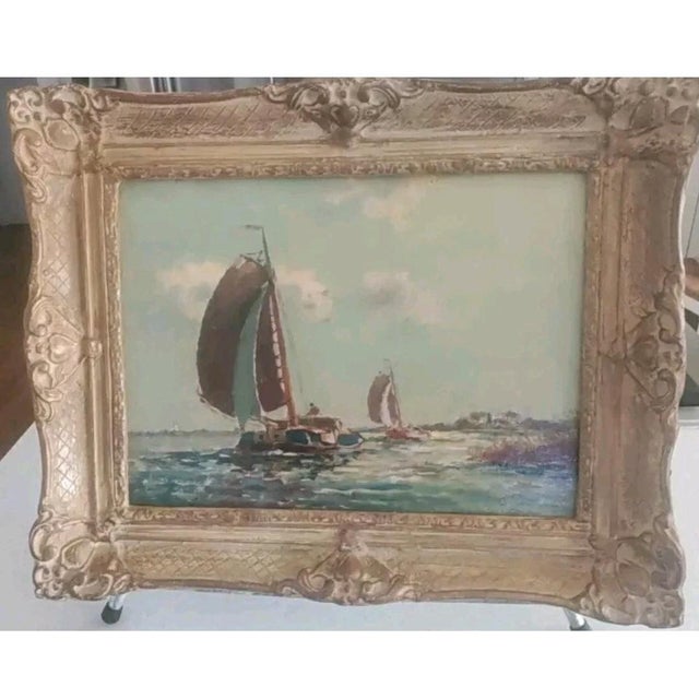Textile European School, 19th Century, Fishing Boats Near Shore, Oil on Canvas, Framed: For Sale - Image 7 of 7