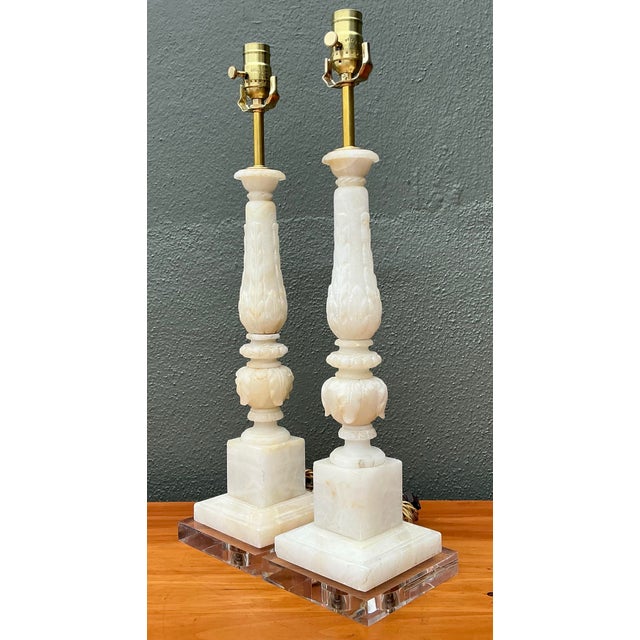 Vintage Carved Stone Column Lamp - A Pair For Sale - Image 9 of 12