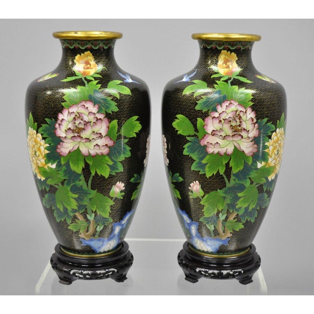 Late 20th Century Vintage Japanese Brass Meiji Cloisonne Vase A Pair