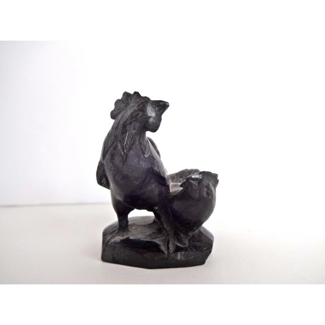 French Country Mid 20th Century Antique Black Soapstone Carved Figurine of Rooster and Chicken For Sale - Image 3 of 7