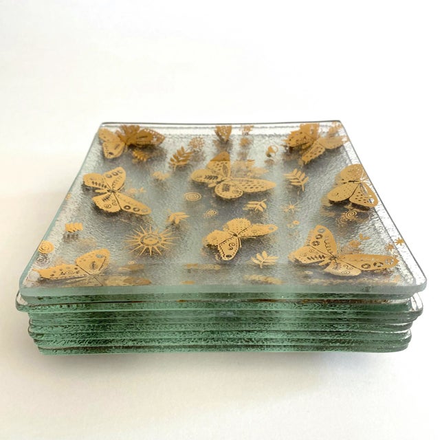 1960s Vintage 1960's Mid Century Modern Georges Briard Gold Leaf Butterflies Glass Canape Hors d'Oeuvre Square Plates - Set of 9 For Sale - Image 5 of 12
