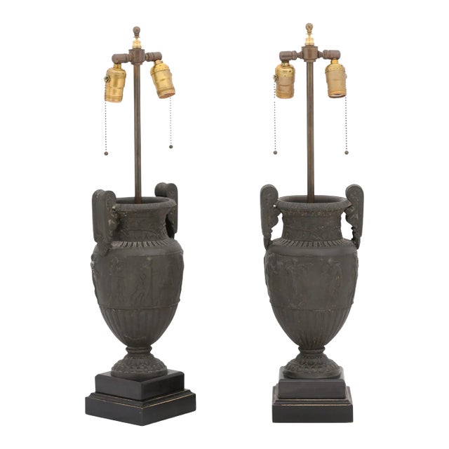 Pair of 1940s French Etruscan Cast Urn Lamps For Sale