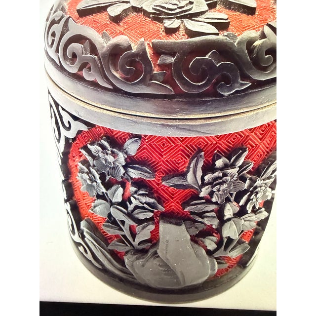 Antique Chinese Carved Cinnabar Lacquer Trinket Jewelry Floral Black and Red 4” For Sale - Image 12 of 12