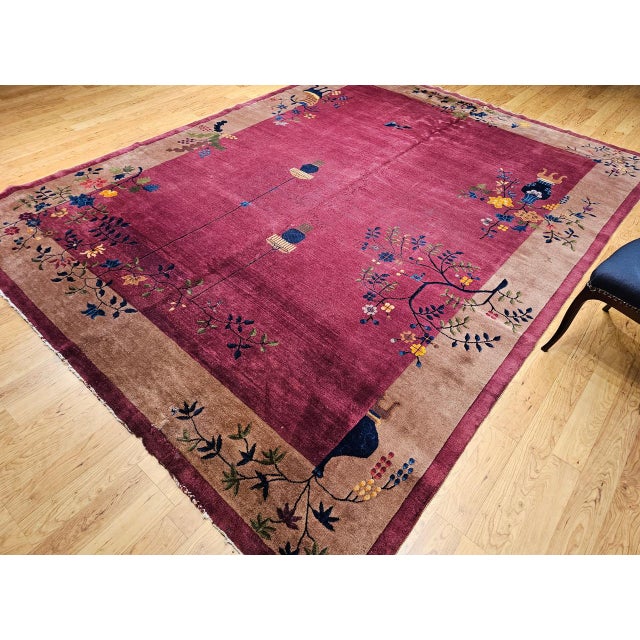 Vintage Chinese Art Deco Hand-Knotted Rug, Floral Motif, Wool, 1900s, 9' x 12' For Sale - Image 14 of 18