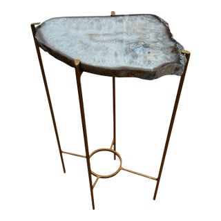 Unusual Modern Handcrafted Drinks Table. Pale Gray Crystalized Quartzite With a Contrasting Very Thin Brown Edge on a Gilded Steel Base. For Sale