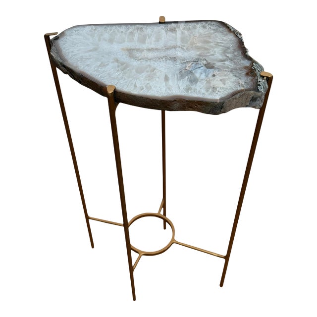 Unusual Modern Handcrafted Drinks Table. Pale Gray Crystalized Quartzite With a Contrasting Very Thin Brown Edge on a Gilded Steel Base. For Sale