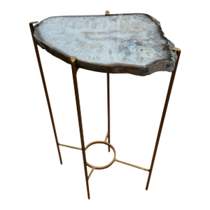 Unusual Modern Handcrafted Drinks Table. Pale Gray Crystalized Quartzite With a Contrasting Very Thin Brown Edge on a Gilded Steel Base.