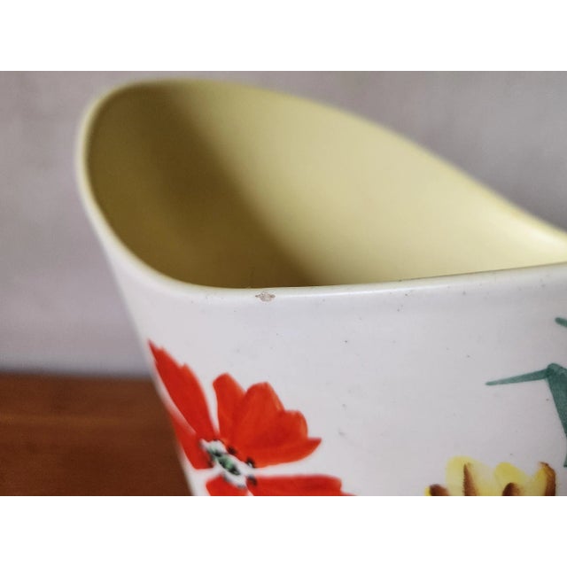 Blue Vintage French Wide Neck Vase with Hand-Painted Flowers and Yellow Interior from Vallauris, 1960s For Sale - Image 8 of 11