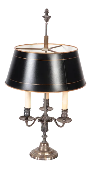 Louis XVI Style Silver Plate Three Branch Bouillotte Lamp With Tole Shade