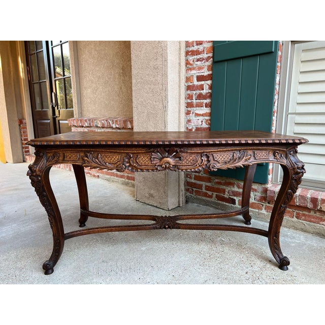 Antique French Center Library Table Louis XV Carved Oak Rococo Parquetry C1890 For Sale - Image 4 of 18