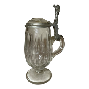 Footed Antique 19th Century Glass Pewter German Figural Lidded Beer Stein Mug