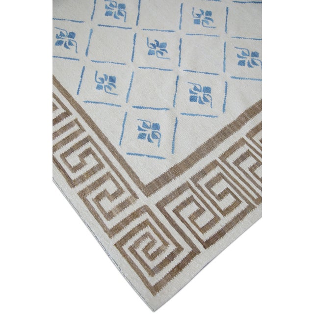 Contemporary Blue & Brown Greek Key Design Handmade Modern Kilim Rug 12' X 18' For Sale - Image 3 of 10