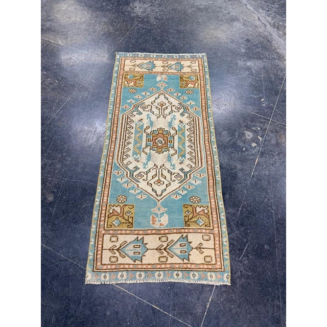 Blue Turkish Mini Rug Oriental Hand Knotted Vintage Rug 1'7" x 3'8" #17904 For Sale - Image 8 of 8