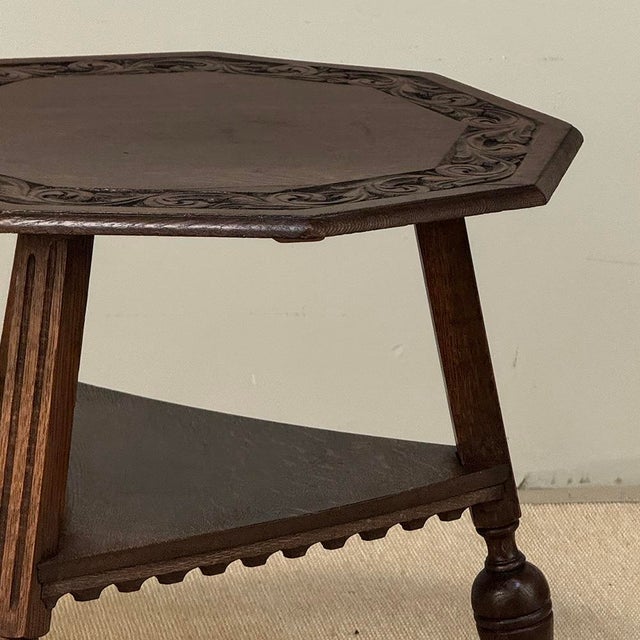 Coffee Antique English Nine Sided Carved Oak Spool Leg Occasional Table For Sale - Image 8 of 17