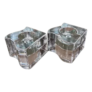 1960s Pair Orrefors Candle Holder Square Crystal Glass