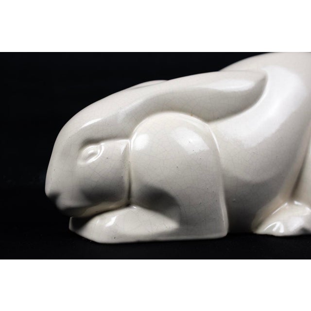 Reclining Rabbit in Cream Crackle-Glazed Earthenware by Charles Lemanceau for Saint-Clément, France, 1930s For Sale - Image 3 of 13