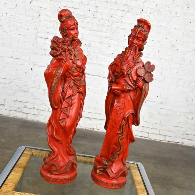 Breathtaking vintage Asian Style Chinoiserie large decorative statues 1 male and 1 female comprised of bright red plastic-...